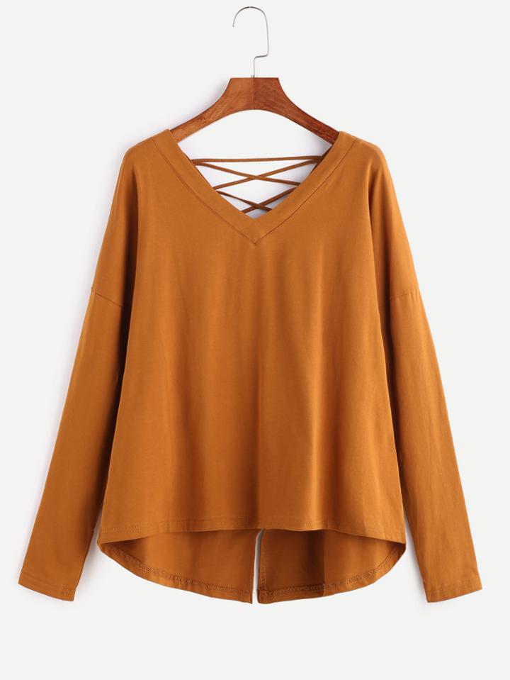 Shein Camel Double V Neck Lattice Back High Low T-shirt