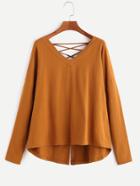 Shein Camel Double V Neck Lattice Back High Low T-shirt