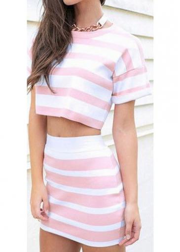 Rosewe Pink Stripe Print Short Sleeve Two Pieces Dress