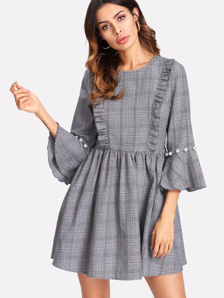 Shein Pearl Beaded Cuff Ruffle Detail Plaid Dress