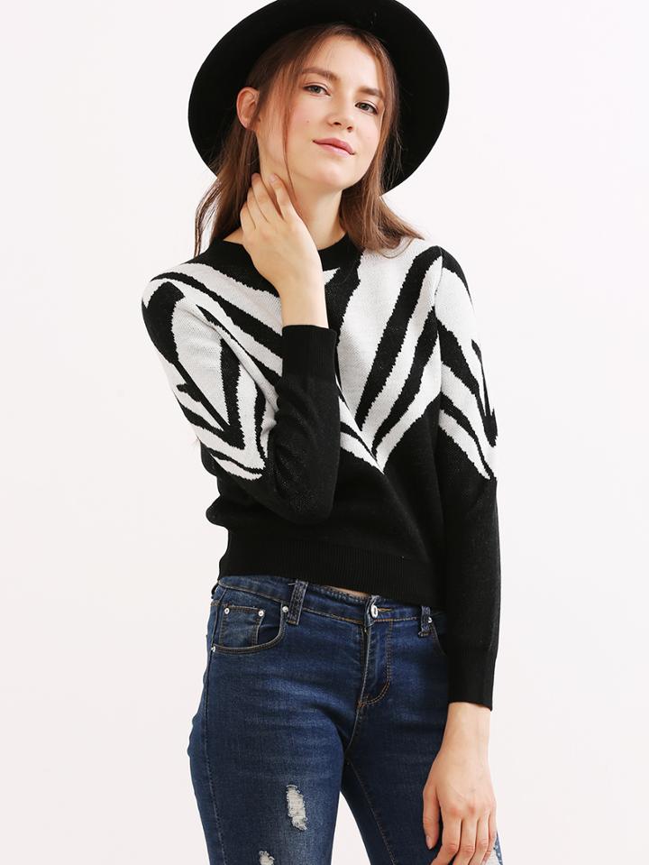 Shein Black And White Geo Pattern Crop Sweater