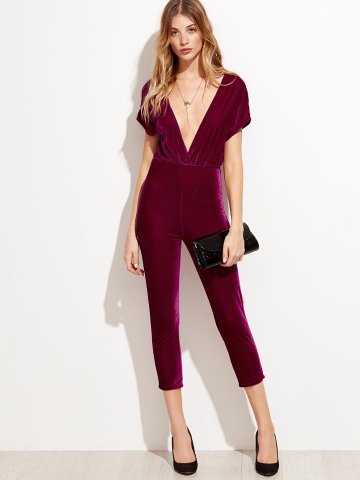 Shein Plunge Neckline Zipper Back Velvet Jumpsuit