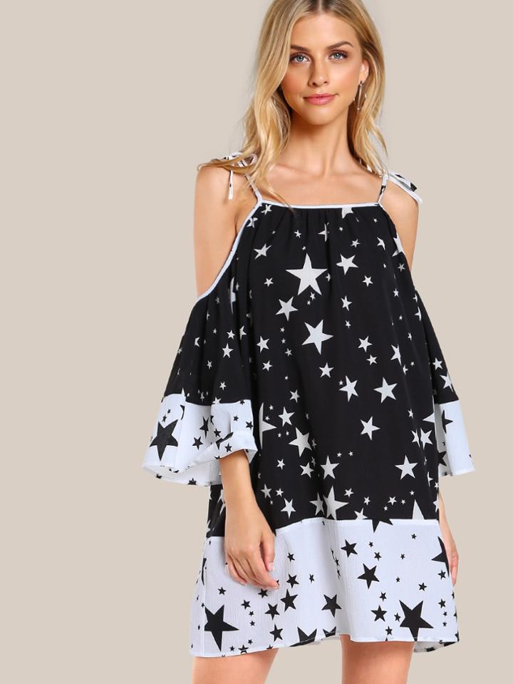 Shein Self Tie Shoulder Bell Sleeve Dress