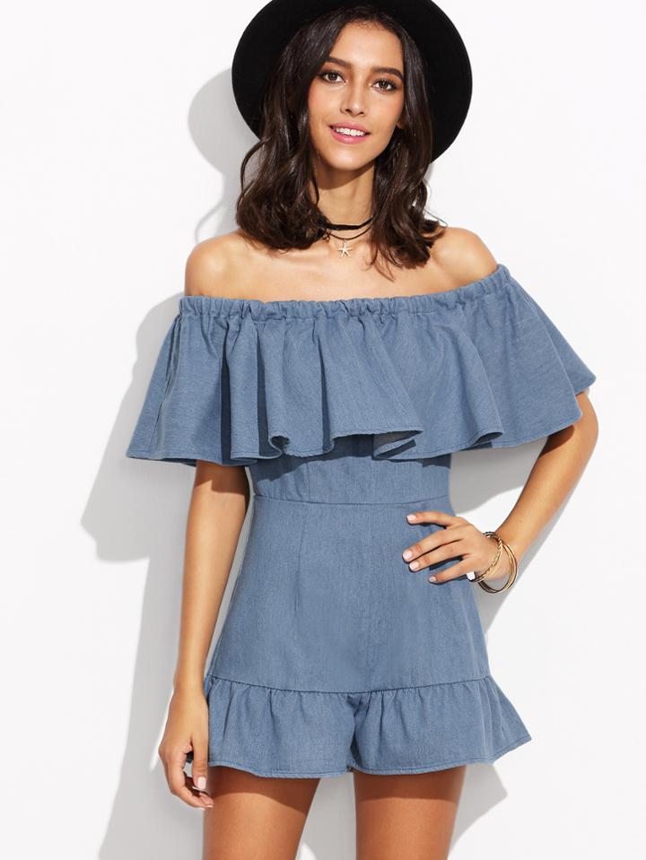 Shein Light Blue Off The Shoulder Ruffle Jumpsuit