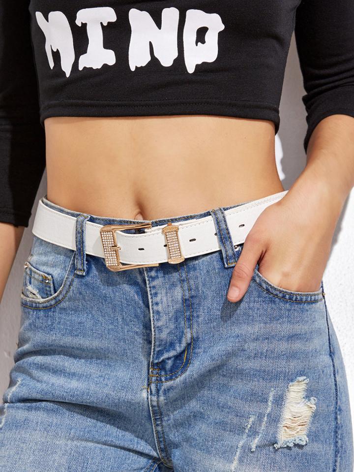Shein White Faux Leather Rhinestone Buckle Belt