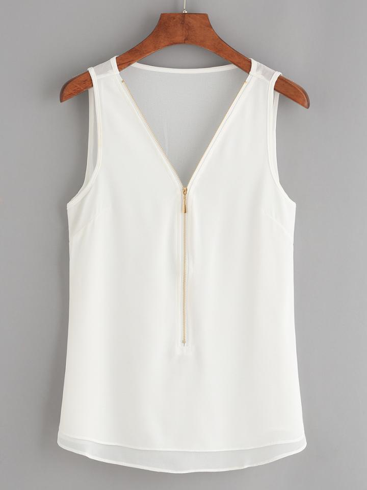 Shein White Zip Front Chiffon Tank Top