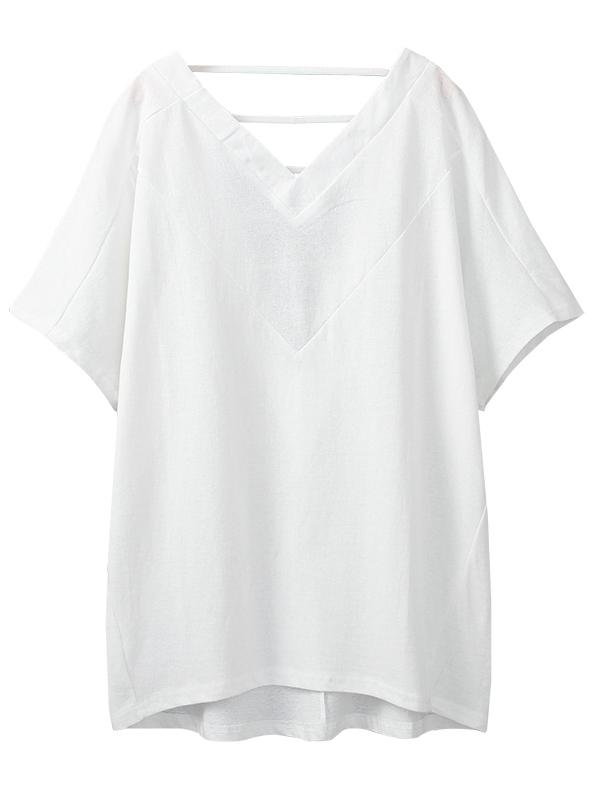 Shein White V Neck Cut Out Back Loose T-shirt