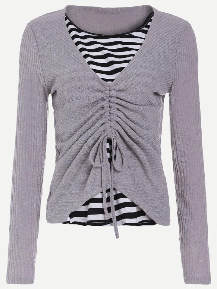 Shein Grey Contrast Striped Drawstring 2 In 1 Ribbed T-shirt