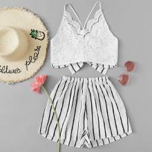 Shein Contrast Lace Knot Back Top With Striped  Shorts