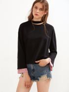 Shein Black Cutout Neck Contrast Striped Cuff T-shirt