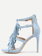 Shein Faux Suede Strappy Fringe Heeled Sandals - Light Blue