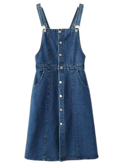 Shein Blue Knee Length Buttons Front Denim Straps Dress