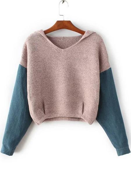 Shein Khaki Hooded Sweater With Contrast Denim Sleeve