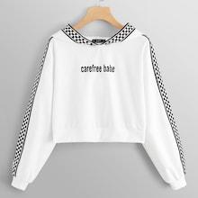Shein Letter Front Gingham Trim Crop Hoodie