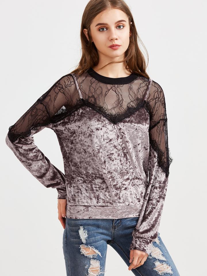 Shein Contrast Sheer Lace Shoulder Crushed Velvet Sweatshirt