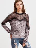 Shein Contrast Sheer Lace Shoulder Crushed Velvet Sweatshirt