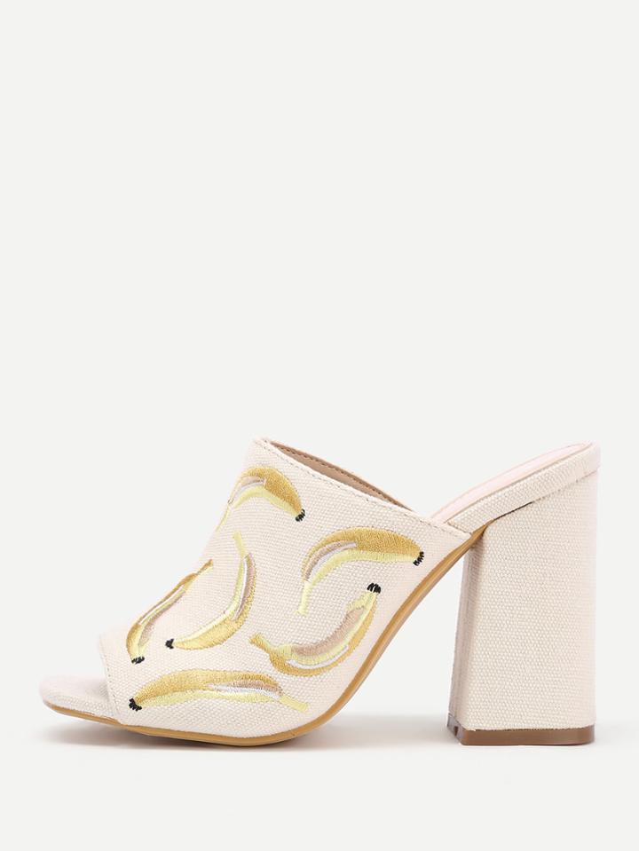 Shein Banana Embroidery Peep Toe Heeled Mules