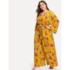 Shein Plus Bell Sleeve Wide Leg Belted Floral Jumpsuit