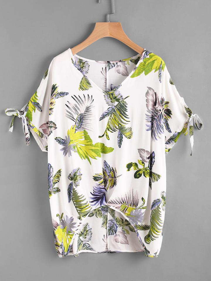 Shein V Neckline Floral Print Bow Tie Cuff Dip Hem Top