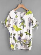 Shein V Neckline Floral Print Bow Tie Cuff Dip Hem Top