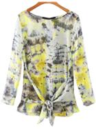 Shein Yellow Scoop Neck Bow Print Blouse