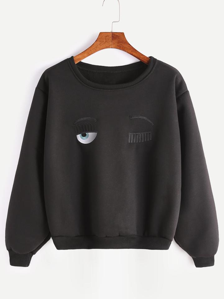 Shein Black Ribbed Trim Eyes Embroidered Sweatshirt