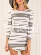Shein White Grey Striped Side Slit T-shirt Dress