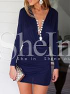 Shein Navy Long Sleeve Deep V Neck Wrinkle Ruched Wraparound Bodycon Dress