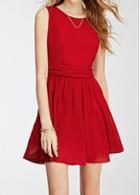Rosewe Zipper Back Round Neck Red Skater Dress