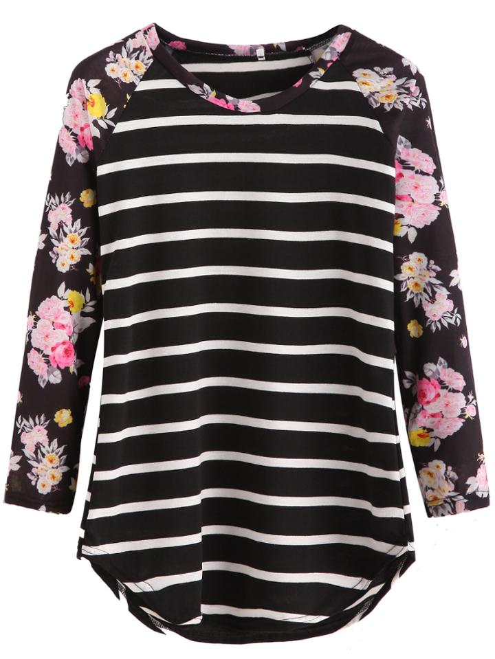 Shein Black Striped Contrast Raglan Sleeve T-shirt