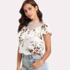 Shein Floral Print Polka Dot Mesh Yoke Top