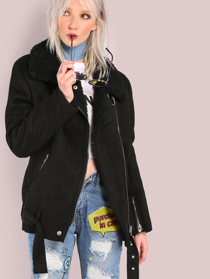Shein Oversized Shearling Jacket Black