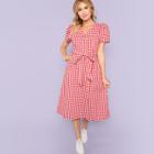 Shein Roll Up Sleeve Button Up Belted Plaid Dress