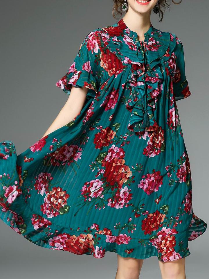 Shein Green Tie Neck Ruffle Floral Dress