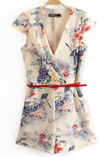 Rosewe Cap Sleeve V Neck Printed Mini Rompers