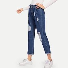 Shein Solid Elastic Waist Destroyed Jeans