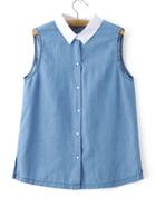 Shein Sky Blue Sleeveless Lapel Split Side Denim Blouse