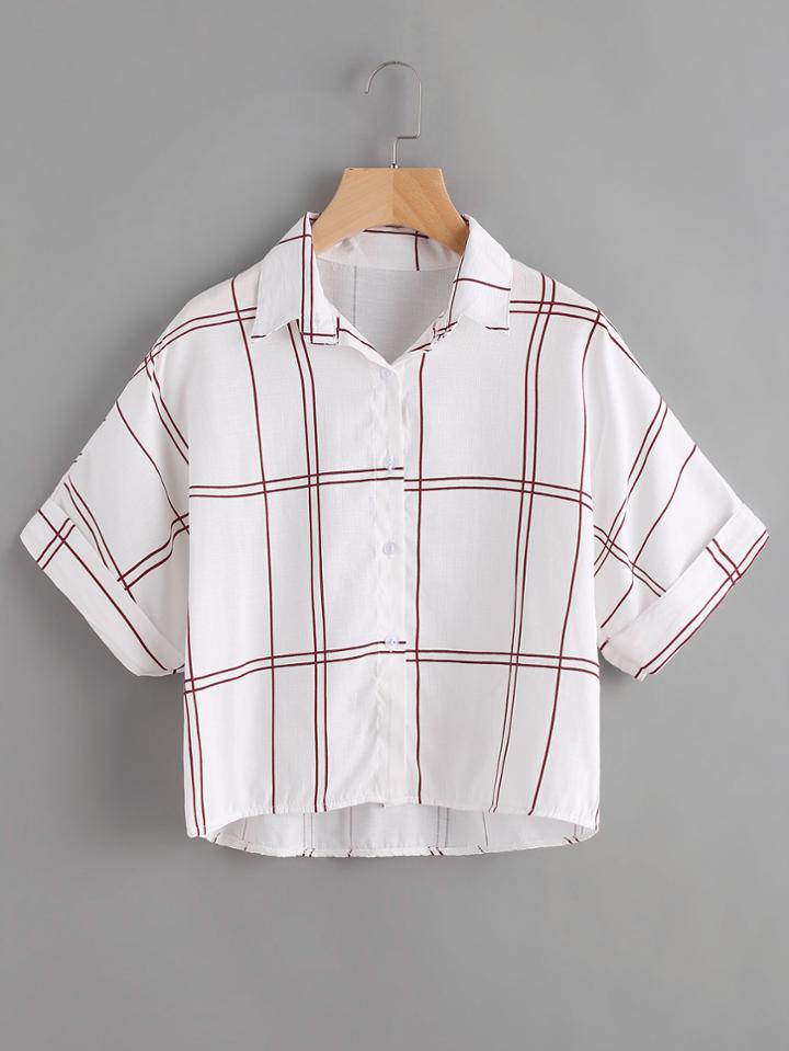 Shein Grid Print Rolled Sleeve Dip Hem Shirt