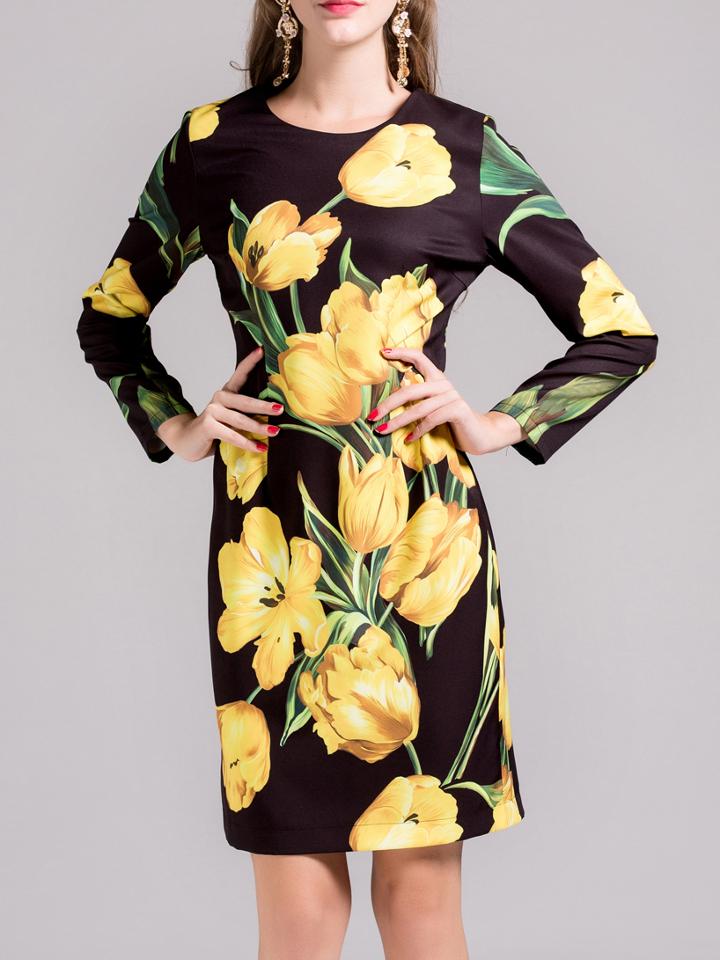 Shein Yellow Flowers Print Sheath Dress
