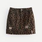 Shein Leopard Ripped Raw Hem Denim Skirt