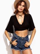 Shein Black Deep V Neck Split Tie Back Top