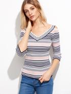 Shein Contrast Striped V Neck Cut Out Sweater