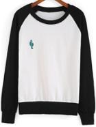 Shein Black White Round Neck Cactus Embroidered Sweatshirt