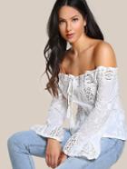 Shein Tassel Tie Lace Panel Embroidered Bardot Top