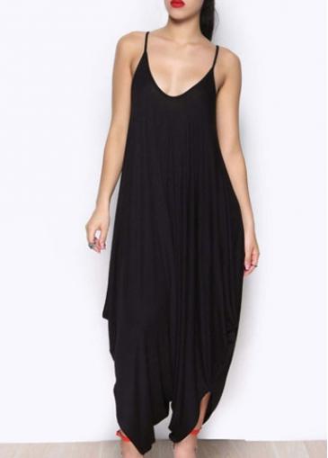 Rosewe Strap Design Solid Black Loose Jumpsuit