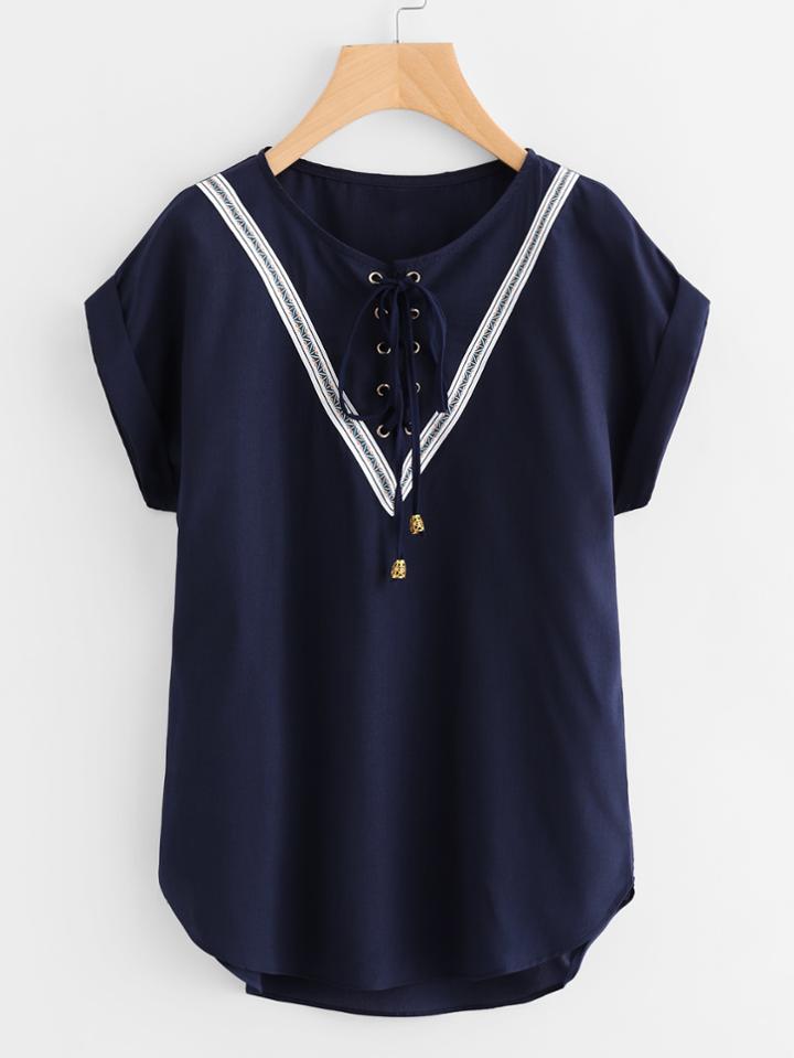 Shein Grommet Lace Up Embroidered Tape Detail Blouse