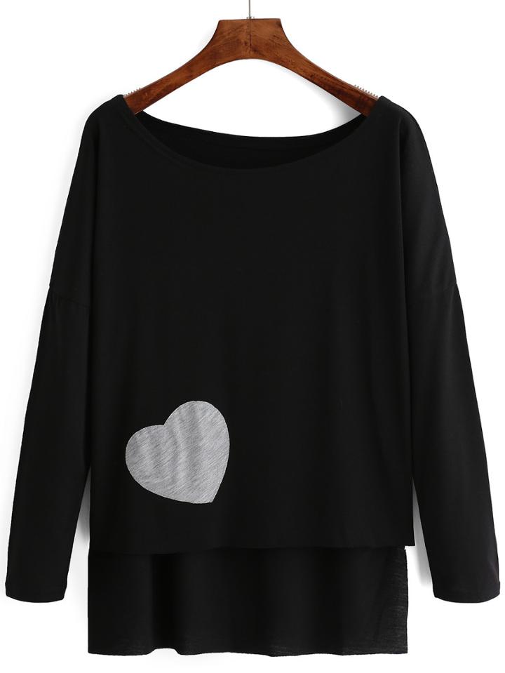 Shein Black Heart Pattern Dip Hem T-shirt