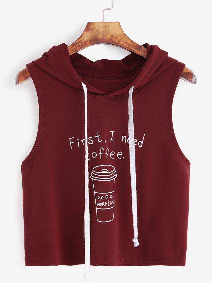 Shein Coffee Print Crop Hooded Tank Top
