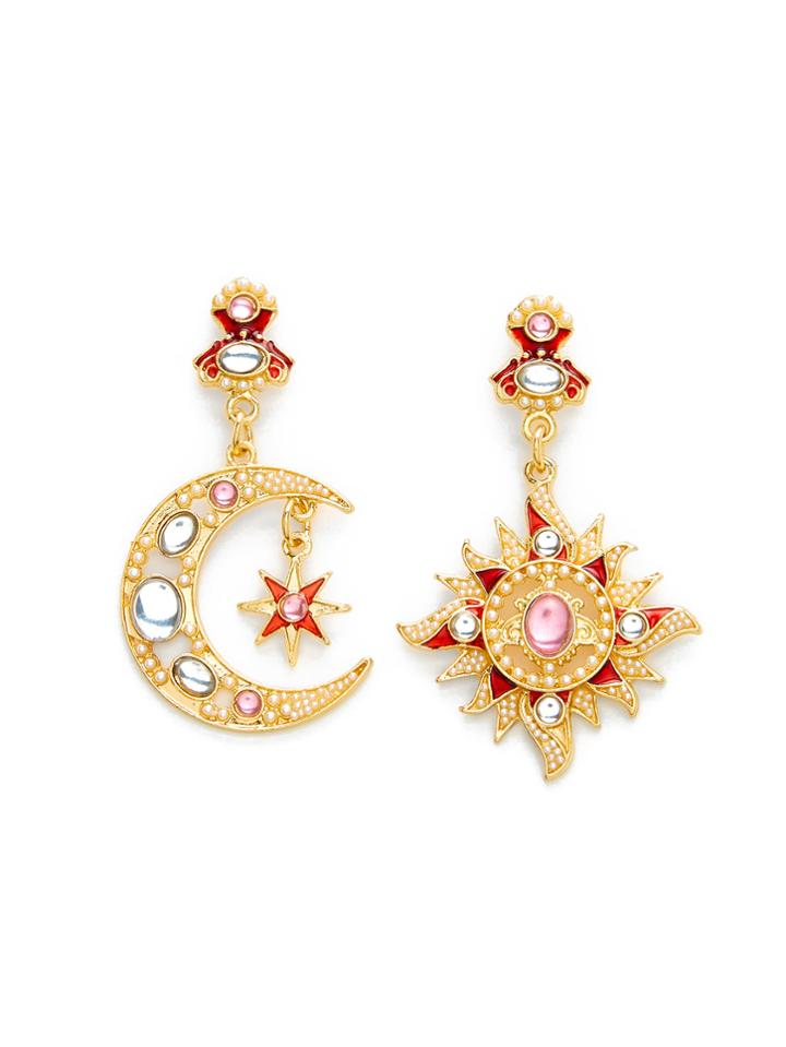 Shein Rhinestone Moon & Sun Design Mismatched Earrings