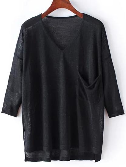 Shein Black Pocket Dip Hem Pullover Sweater